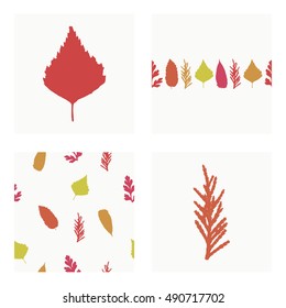 Set of autumn vector cards, seamless pattern and border pattern. Collection with orange, yellow and red leaves of forest trees and herbs. Herbarium. Nature concept.
