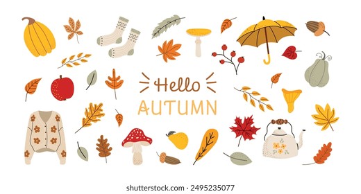Set autumn vector elements. Leaves, pumpkins, fall clothes, umbrella, mushrooms, tea. Cozy minimalistic fall collection. Isolated background. Illustration in hand drawn style.