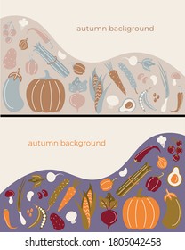 Set of autumn vector flat background with vegetables. Vegetables, herbs and mushrooms. Abstract background with place for text for banners, posters, cover design templates and wallpapers. 