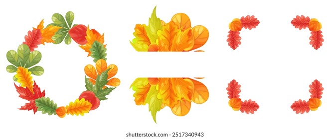 Set of autumn vector frames from multi-colored maple, chestnut, heart-shaped, acorn leaves. Autumn leaf fall. Leaves are green, orange, yellow