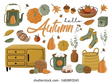 Set of autumn vector illustration with elements and hand lettering. Trendy color palette. Cute typography set.
