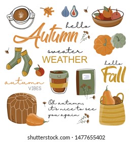 Set of autumn vector illustration with hand lettering. Trendy color palette and black ink calligraphy. Cute typography elements.