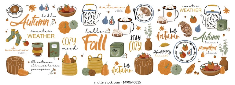 Set of autumn vector illustration with hand lettering. Trendy color palette and black ink calligraphy. Cute typography elements.