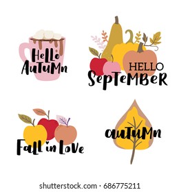 Set of autumn vector illustration with hand lettering. Trendy color palette and black ink phrases on white isolated background. Hot chocolate cup, pumpkin, apple and autumn leaves.