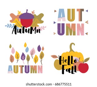 Set of autumn vector illustration with hand lettering. Trendy color palette and black ink phrases on white isolated background. Cute typography elements.