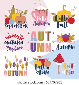Set of autumn vector illustration with hand lettering. Trendy color palette and black ink phrases on abstract background. Cute typography elements.