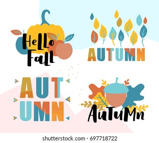 Set of autumn vector illustration with hand lettering. Trendy color palette and black ink phrases on white isolated background. Cute typography elements.