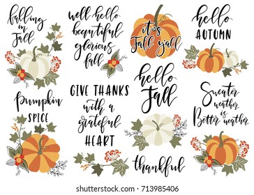 Set of autumn vector illustration with hand lettering. Trendy color palette and black ink calligraphy. Cute typography elements.