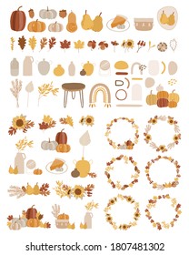 Set of autumn vector illustration with leaves, pumpkin, shapes, floral, wreaths. Trendy color palette. Cute fall elements.  Abstract contemporary modern trendy vector illustration.