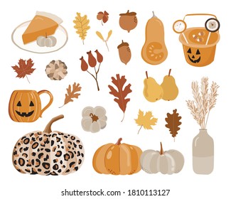 Set of autumn vector illustration with leaves, pumpkin, shapes, floral, wreaths. Trendy color palette. Cute fall and halloween elements.  Abstract contemporary modern trendy vector illustration.