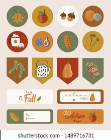 Set of autumn vector illustration with stickers, labels, tags. Trendy color palette and black ink calligraphy. Cute typography elements.