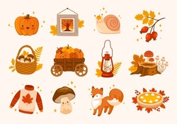 Set Of Autumn Vector Illustrations. Basket Of Mushrooms, Sweater With Autumn Leaf, Pumpkins Cart, Forest Stump, Fox And Snail. Collection Of Fall Season Scrapbook Elements And Concepts.