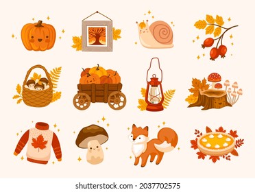 Set of autumn vector illustrations. Basket of mushrooms, sweater with autumn leaf, pumpkins cart, forest stump, fox and snail. Collection of fall season scrapbook elements and concepts.