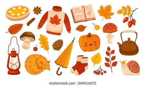 Set of autumn vector illustrations. Cozy sweater, foliage, pumpkin pie, red cat, kettle, red lantern, umbrella and mushroom. Collection of fall season scrapbook elements and concepts.