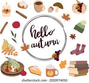 Set of autumn vector illustrations with elements and hand lettering, trendy color