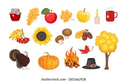 Set of autumn vector illustrations, icons. Turkey, pumpkin, fire, pilgrim's hat, fallen leaves, yellow tree, acorns, mushrooms, sunflower, rowan, cup of tea, candle, apple, jam. Cartoon, flat style.