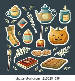 Set of autumn vector illustrations with pumpkin, latte, leaves, cozy food, and items. Cute fall stickers.