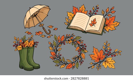 Set of autumn vector illustrations: umbrella, open book, rain boots, wreath, maple leaves