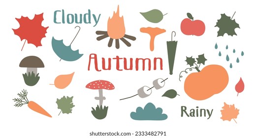 Conjunto de ilustraciones vectoriales de otoño. Cálida colección de dibujos animados en tonos pastel. Clipart estacional con hojas de otoño, hongos, paraguas, calabaza, malvavisco, hoguera, letras, cosecha.