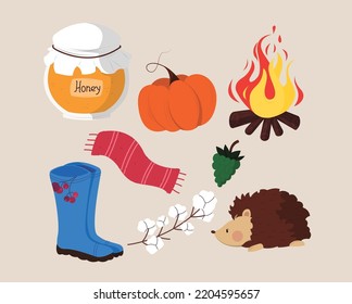 Set of autumn vector images. On a beige background background.
