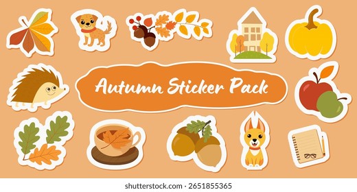 Set of autumn vector stickers on an orange background. Includes leaves, pumpkin, apple, acorns, hedgehog, dog, cup of tea, notebook, house and tree. Flat cartoon style, white outline.
