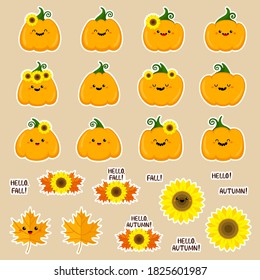 Set of autumn vector stickers. Pumpkins with sunflowers, maple leaves. For Thanksgiving Day. Cute vector illustration. Cartoon style. Text. For magnets, prints, postcards. Smiling funny symbol. 