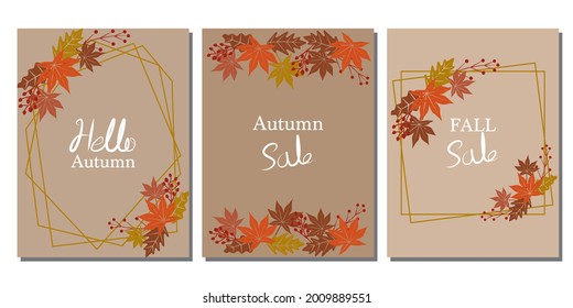 Set of autumn vector template decoration with colorful maple leaves and berries. Autumn sale, fall banner, autumn concept web template. Vector illustration.