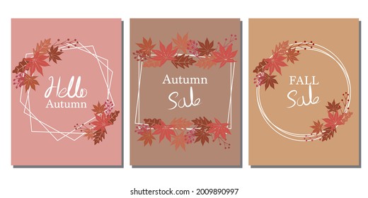 Set of autumn vector template decoration with colorful maple leaves and berries. Autumn sale, fall banner, autumn concept web template. Vector illustration.