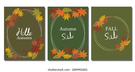 Set of autumn vector template decoration with colorful maple leaves and berries. Autumn sale, fall banner, autumn concept web template. Vector illustration.