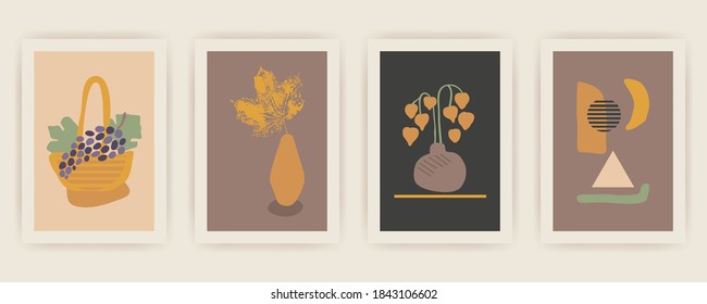 Set of Autumn vector vertical backgrounds with abstract elements and shapes in Boho style. Background for mobile app page minimalist Mid century modern Fall.
