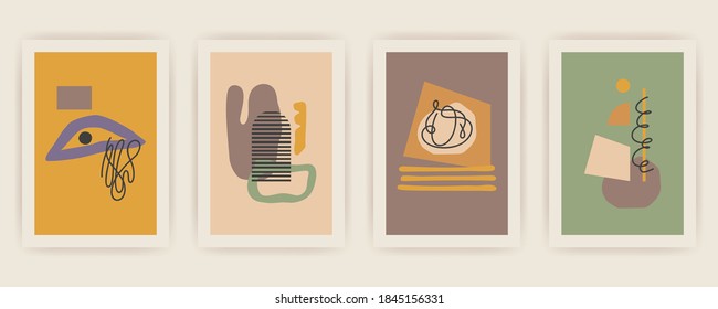 Set of Autumn vector vertical backgrounds with abstract elements and shapes in Boho style. Background for mobile app page minimalist Mid century modern Fall.