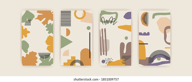 Set of Autumn vector vertical backgrounds with abstract elements and shapes in Boho style. Background for mobile app page minimalist Mid century modern Fall.