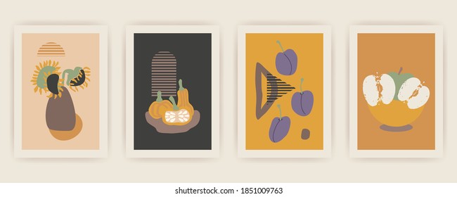 Set of Autumn vector vertical backgrounds with abstract elements and shapes in Boho style. Background for mobile app page minimalist Mid century modern Fall.