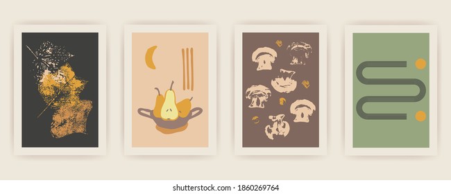 Set of Autumn vector vertical backgrounds with abstract elements and shapes in Boho style. Background for mobile app page minimalist Mid century modern Fall.