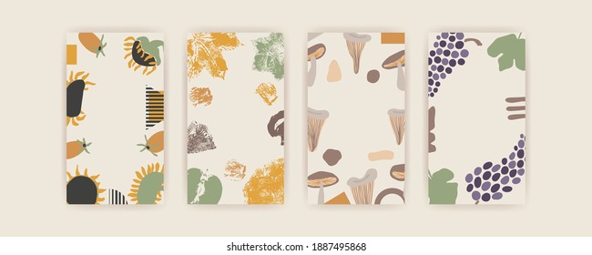 Set of Autumn vector vertical backgrounds with abstract elements and shapes in Boho style. Background for mobile app page minimalist Mid century modern Fall.