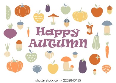 A set of autumn vegetables, mushrooms, apples and nuts. vector illustration
