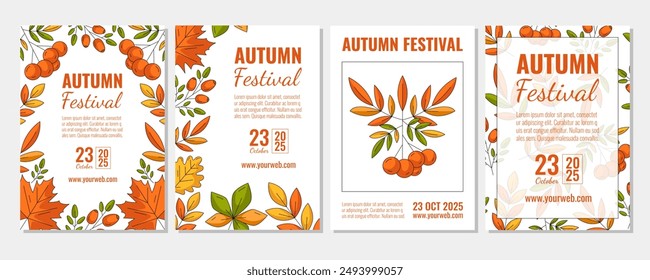 Set of autumn vertical a4 posters, abstract fall leaves frame or pattern. Vector illustration for social media, postcard, invitation, banner, festival, flyer, party or advertising. Isolated background