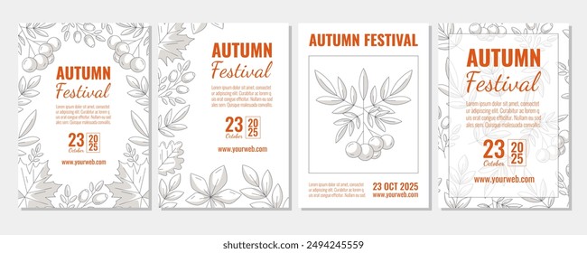 Conjunto de carteles a4 de Vertical de otoño, marco o patrón abstracto de hojas de otoño. Ilustración vectorial gris monocromática para redes sociales, postales, invitaciones, Anuncios, festivales, volantes, fiestas o publicidad.