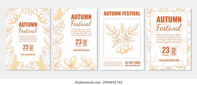 Set of autumn vertical a4 posters, abstract fall leaves frame or pattern. Monochrome orange vector illustration for social media, postcard, invitation, banner, festival, flyer, party or advertising.