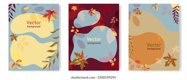 Set of autumn vertical posters with bright beautiful leaves and modern typography.