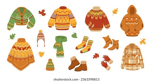 Set of autumn warm clothes isolated on white background. Knitted sweater, scarf and hat, boots. Cozy autumn. Vector stock illustration.