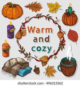 set of autumn warm and cozy things, autumn interior items  and autumn leaves