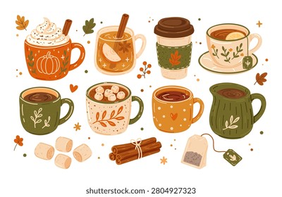 Set of autumn warm drinks. Hot chocolate with whipped cream, latte, tea, cocoa with marshmallows, pumpkin spice. Fall mug with tea and coffee collection. Vector illustration.