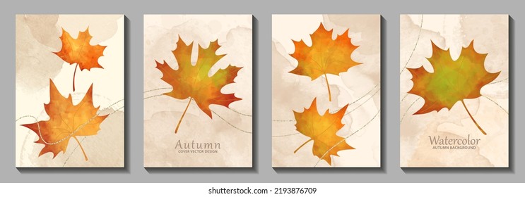 Conjunto de fondo de arte vectorial de acuarela de otoño con hojas de arce. Ilustración de la temporada de otoño dibujada a mano para tarjetas, volante, afiche, pancarta, diseño de portada y tarjetas de invitación. Foliage. De vuelta a la escuela.	
