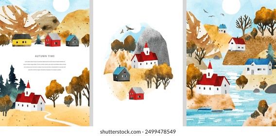 Set of autumn watercolor vector design with church, cozy houses, landscape, river, trees, sun and space for text. A4. Nature illustration for poster, book, postcard, flyer, list, ad, cover, banner