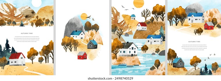 Set of autumn watercolor vector templates with landscape, river, trees, cozy houses, sun and space for text. Travel concept. Nature illustration for poster, book, banner, card, flyer