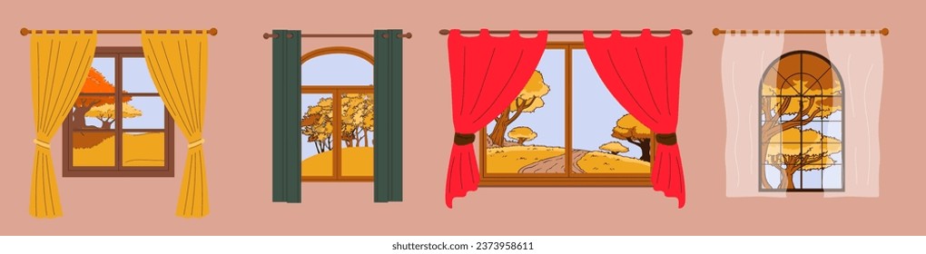 Set of Autumn windows. Window with autumn view. Fall season. Hygge concept. Cozy autumn days