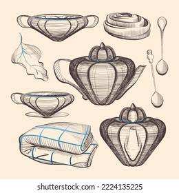 A set of autumn and winter attributes: a teapot, a cup, a teaspoon, sugar, a blanket, a bun, cinnamon, an autumn leaf. Suitable for polygraphy designs: postcards, menus, posters.