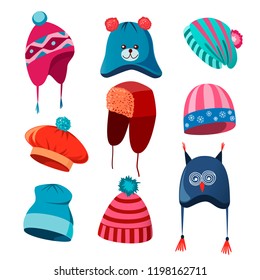 Set of autumn, winter hats for men, women and children isolated on white background. Flat style icons of winter hats in cartoon style. Vector illustration in eps10 format.