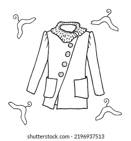 Set of autumn winter model female coat. Hand drawn doodle coat and hanger. Vector illustration